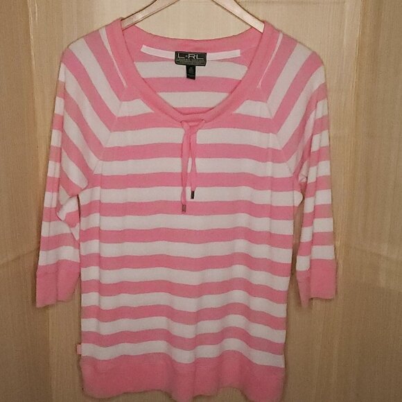 Lauren Ralph Lauren Pink White Stripe Thermal Plus Wide Neck Top 2X - Picture 1 of 5